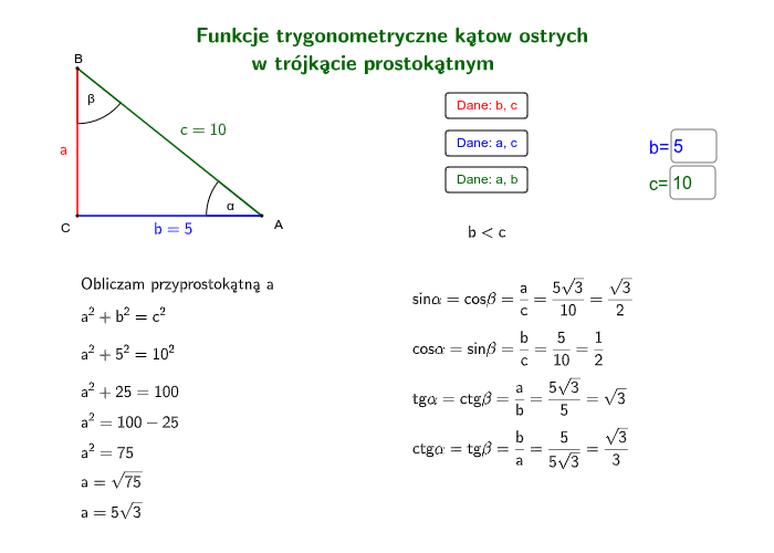 Funkcje Trygonometryczne Kąta Ostrego W Trójkącie Prostokątnym Funkcje trygonometryczne kątow ostrych w trójkącie prostokątnym – GeoGebra