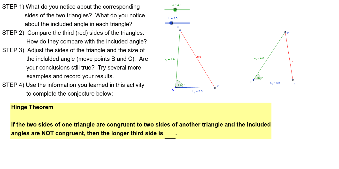 Investigation 1 The Hinge Theorem GeoGebra
