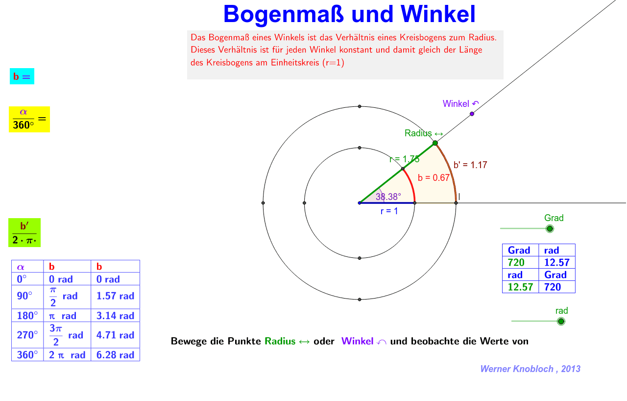 Bogenmaß und Winkel GeoGebra