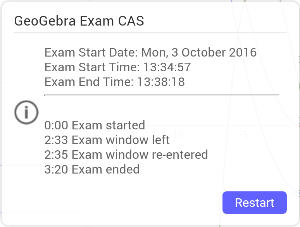 Azterketa-liburuak azterketaren hasiera- eta bukaera-ordua erakusten ditu, eta ikaslea pantaila osoko GeoGebra-azterketatik irten ote den jasotzen du.