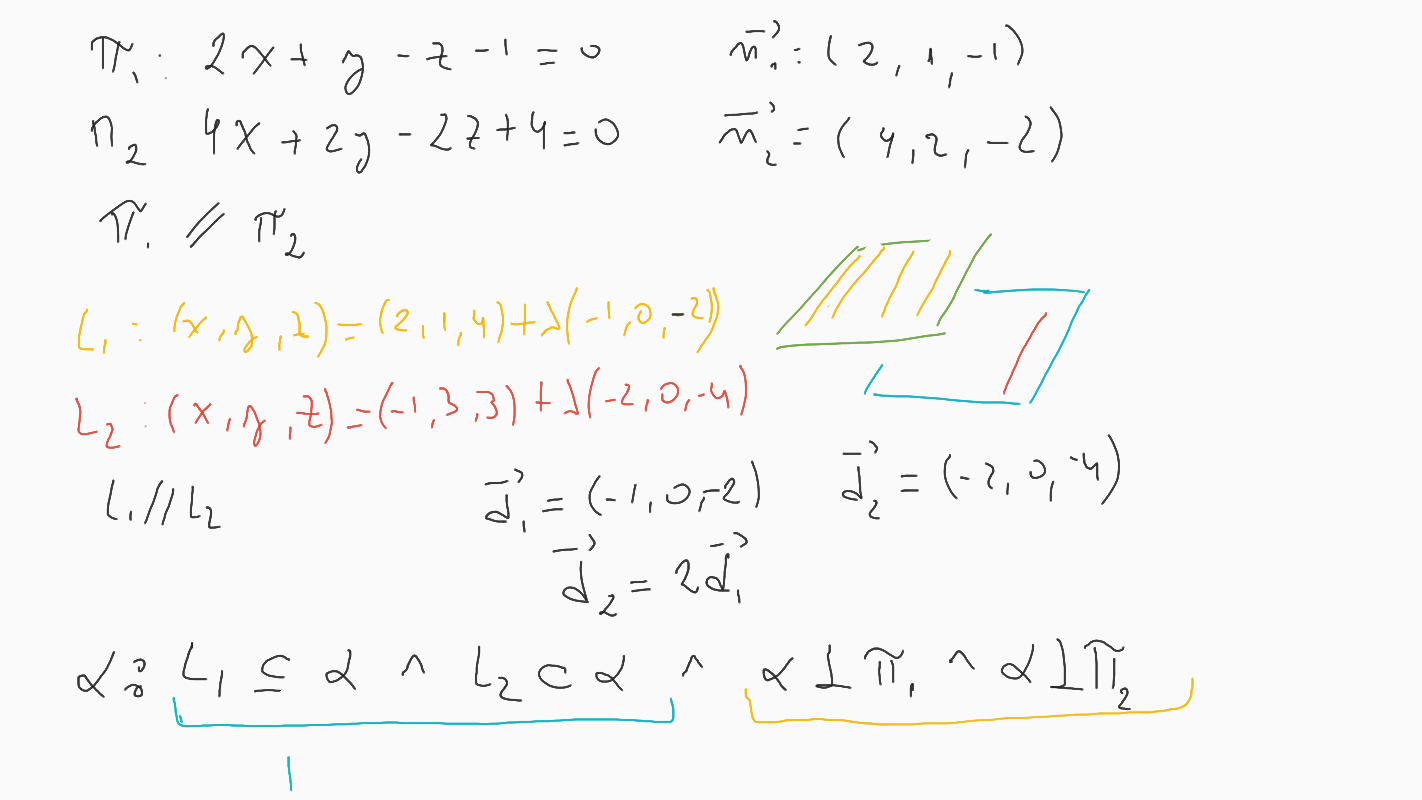 Hallar , si es posible, un plano que contenga a las rectas L1 y L2 y sea perpendicular a los planos dados