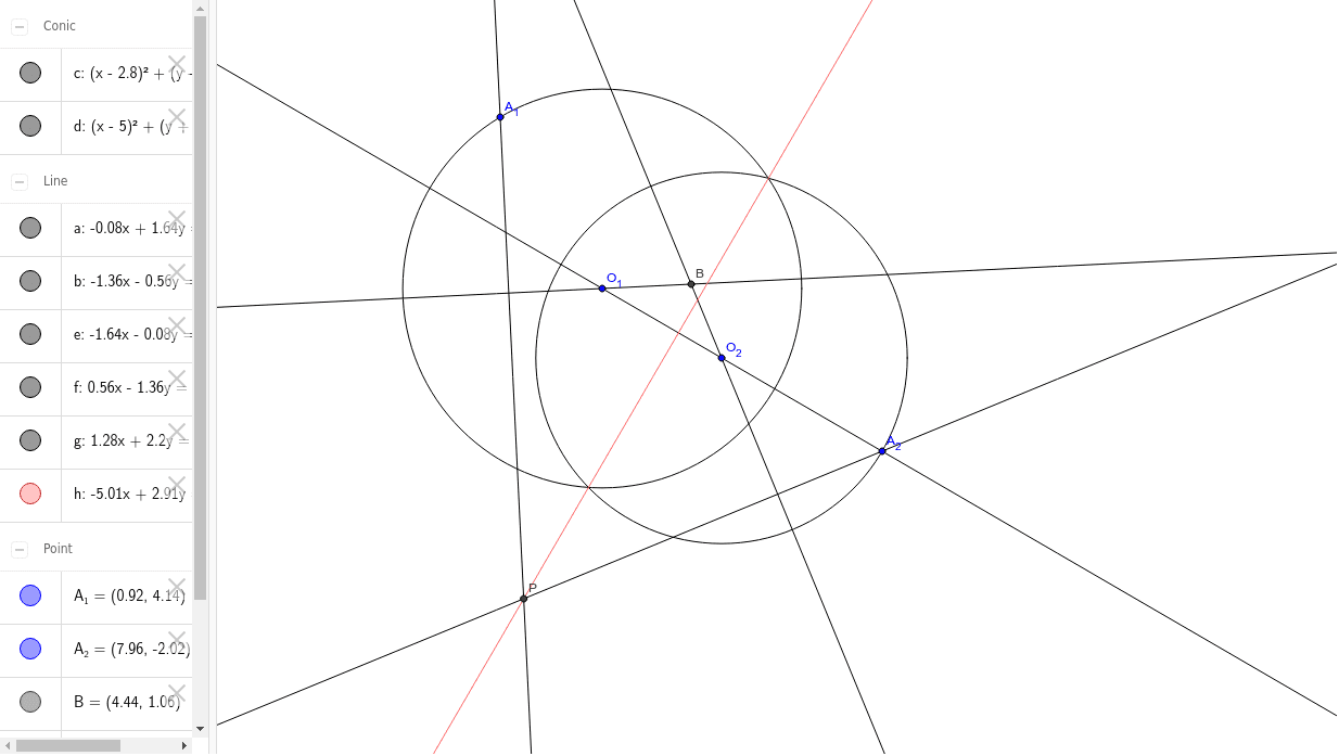 Construction of the radical axis of two circles GeoGebra