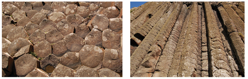 Columnas de base hexagonal. Fotografías de la Calzada de los Gigantes en la isla de Irlanda.