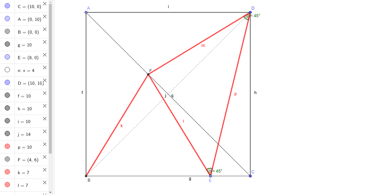 顶点在正方形对角线上的等腰三角形构成了一个等腰直角三角形 Geogebra