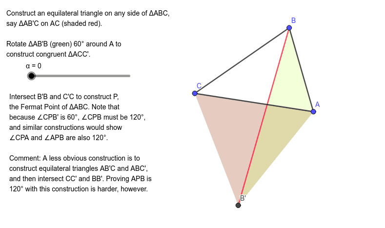 Construction of the Fermat Point of triangle ABC (all angles < 120 degrees)