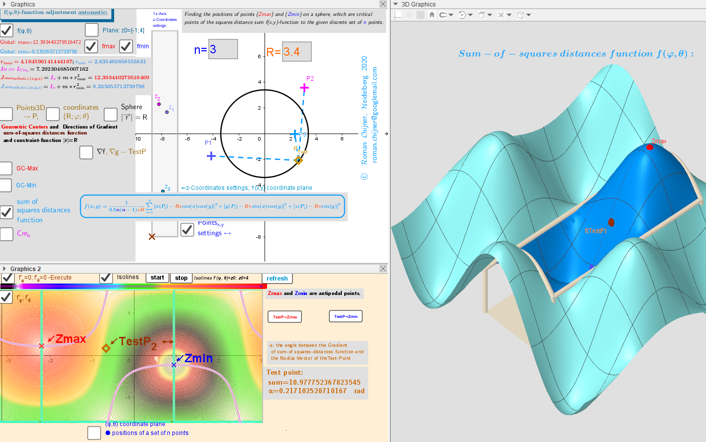 [size=85]-Settings plane, equalities from the Steiner theorem
-Two-variable  function f(φ,θ) over a rectangular region: - π ≤φ ≤ π; -π/2≤θ≤π/2.
-  Intersection Implicit Curves f'φ(φ, θ)=0;  f'θ(φ,θ)=0 over a rectangular region φ∈[-π,π], θ∈[-0.5π,0.5π] 
-Distribution of [color=#1e84cc]points Pi[/color] and their local [color=#ff0000]maxima[/color]/[color=#0000ff]minima[/color] and [color=#6aa84f]saddle[/color] -[color=#ff7700]critical[/color] points of distance sum function f(φ,θ) on a sphere + [color=#b45f06]test Point[/color]. Vectors ∇f and ∇g at these points.[/size]