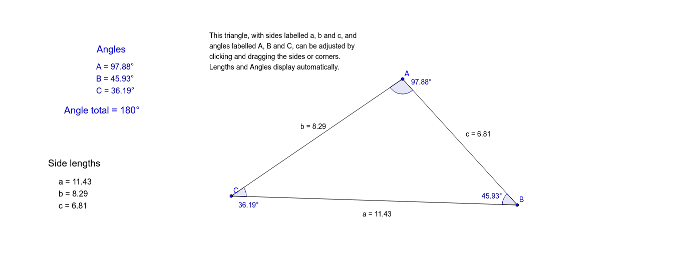 Basic Triangle with adjustable side lengths and angles GeoGebra