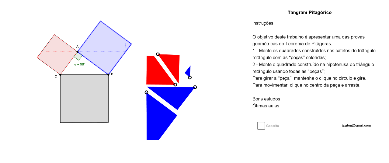 Este trabalho foi batizado como Tangram Pitagórico, ele é uma das infinitas provas geométricas, segundo Elisha Loomis, do Teorema de Pitágoras. 