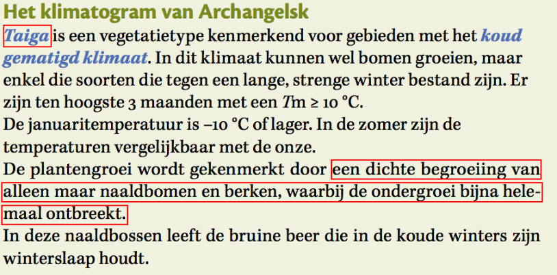 5. We lezen de uitleg over het klimaat van Archangelsk in de groene kader en bekijken de foto van de vegetatie. Wat in het rood omkaderd is, moet je kennen!