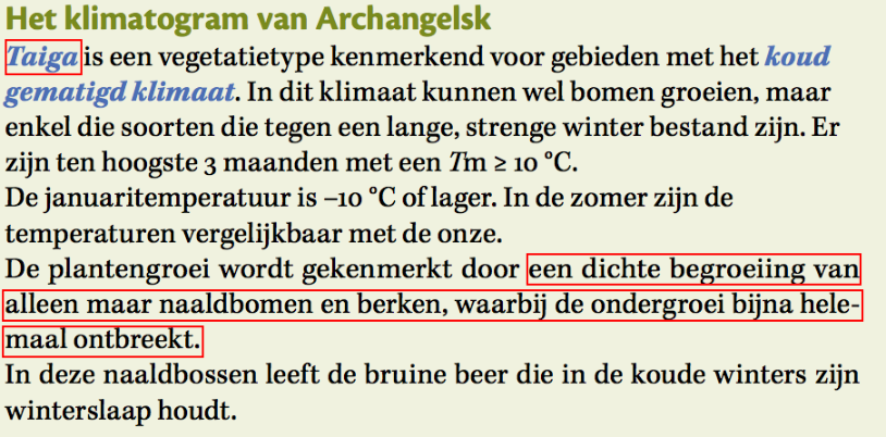 5. We lezen de uitleg over het klimaat van Archangelsk in de groene kader en bekijken de foto van de vegetatie.  Wat in het rood omkaderd is, moet je kennen! 