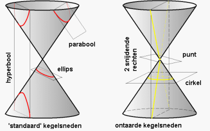 Op deze tekening zie je welke doorsnede welke kromme oplevert.