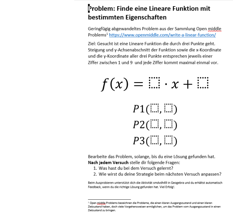 MiddleOpenProblem_LineareFunktionen - Beschreibung der Aufgabenstellung