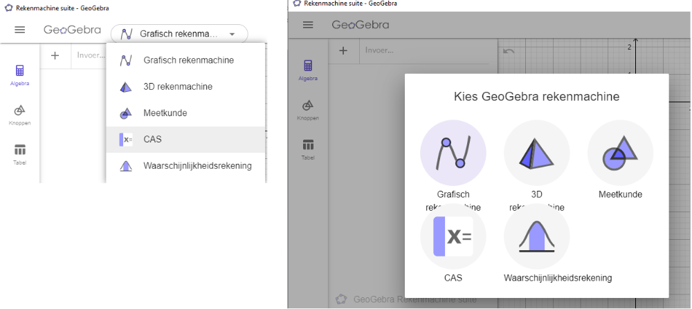 [u]links[/u]: CAS selecteren bij het openen van Suite      [u]rechts[/u]: schakelen rekenmachine in Menu