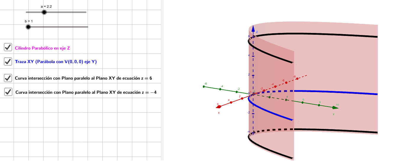 Construcción del Cilindro Parabólico con sus trazas GeoGebra