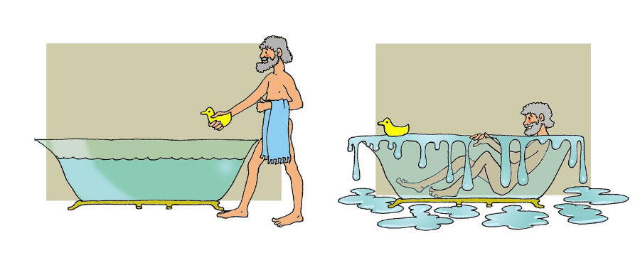El agua que se derrama es la que ocupaba el volumen que ahora ocupa el cuerpo de Arquímedes

Imagen recuperada:[url=http://museovirtual.csic.es/profesores/flotacion/imagenes/Arquimedes5.jpg]http://museovirtual.csic.es/profesores/flotacion/imagenes/Arquimedes5.jpg[/url]