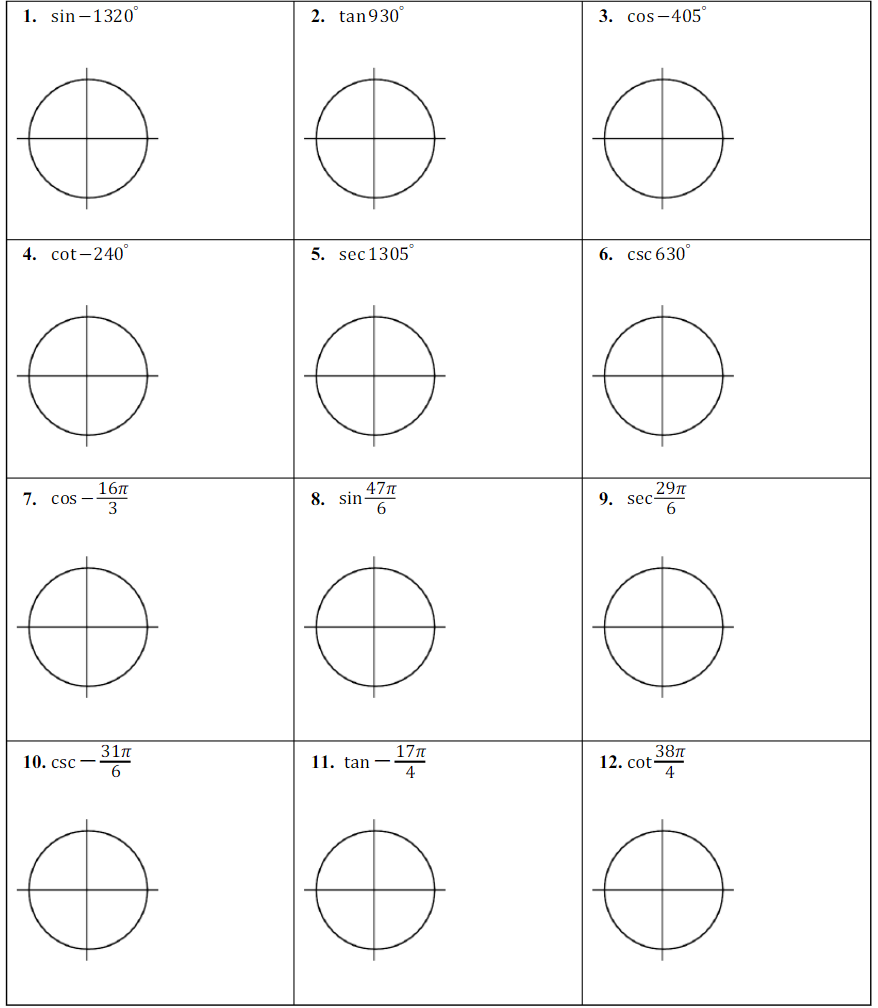 En cada caso calcular el valor de la función trigonométrica para el ángulo dado empleando el método del círculo unitario.

También puedes utilizar la [url=https://calculadorasonline.com/calculadora-de-funciones-trigonometricas-online-circulo-unitario/]calculadora de funciones trigonometricas online[/url]