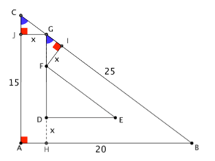 [size=100]Construímos  os  triângulos IFG  e JGC como na figura. Eles são congruentes, pois possuem um cateto de medida x e os ângulos marcados em azul têm a mesma medida; logo suas hipotenusas são congruentes, isto é, FG=GC .  
Notamos  agora  que  os  triângulos JGC e ABC são semelhantes, pois são retângulos e têm um  ângulo  comum(paralelas cortadas por uma transversal tem ângulos correspondentes congruentes).  Logo [math]\frac{GC}{x}=\frac{BC}{AC}=\frac{25}{20}=\frac{5}{4}[/math] assim temos que GC=[math]\frac{5}{4}x[/math]. Como FG=GC, temos FG=[math]\frac{5}{4}x[/math].[/size]