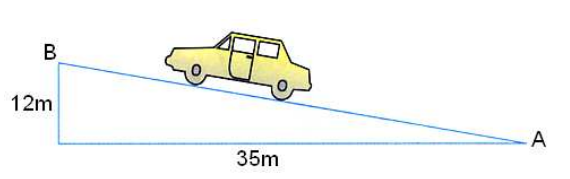Un coche que se desplaza desde el punto A hasta el punto B recorre una distancia horizontal de 35 metros, mientras se eleva una altura de 12 metros.