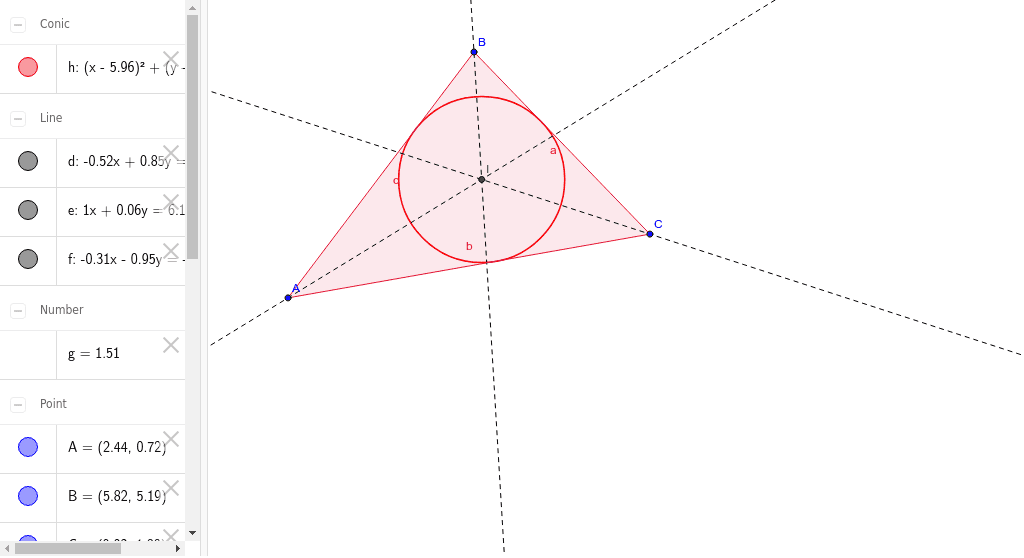 CIRCUNFERENCIA INSCRITA EN UN TRIANGULO GeoGebra CIRCUNFERENCIA INSCRITA EN UN TRIANGULO GeoGebra