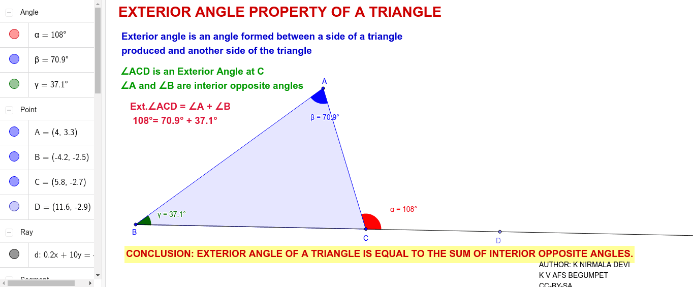 EXTERIOR ANGLE PROPERTY OF A TRIANGLE GeoGebra