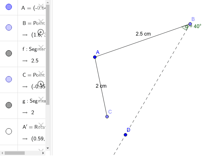 Example #1: Will following the directions below create exactly one triangle (Angle B= 40°, Side AB= 2.5 cm, Side AC= 2 cm)?