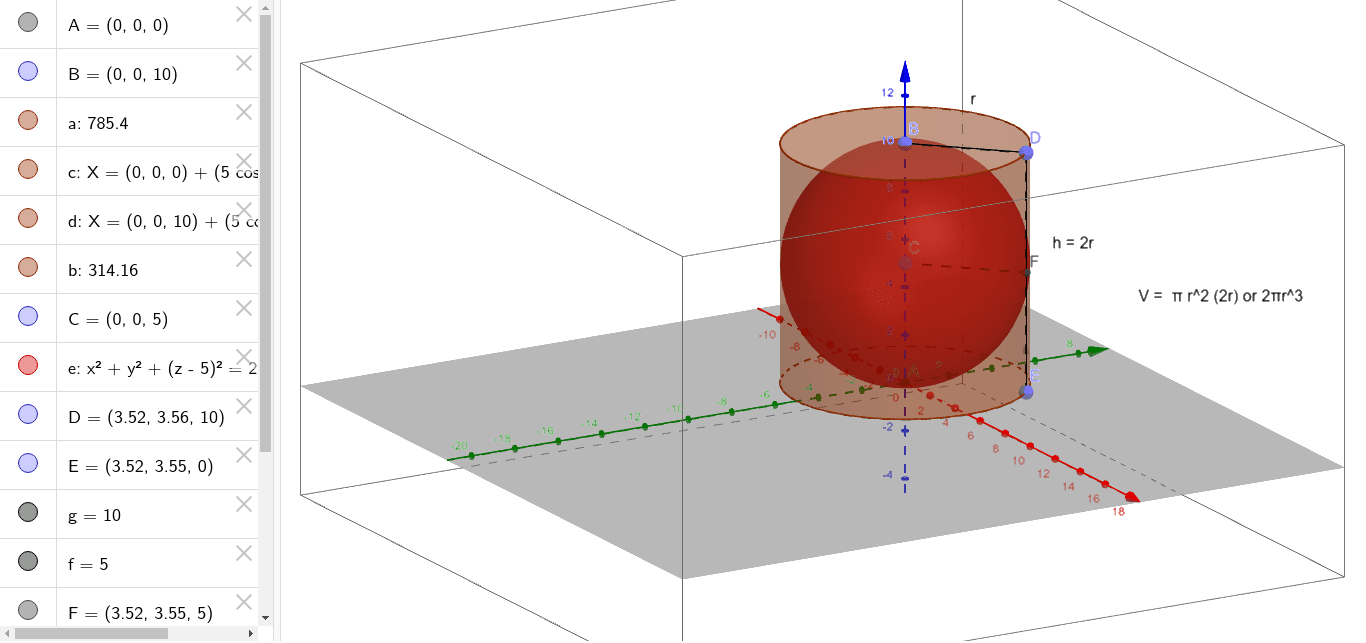 Archimedes cylinder and sphere GeoGebra