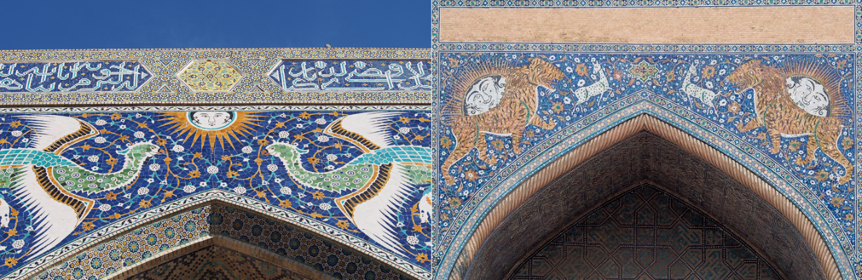 Left: spandrel of the Nadar DIvanbegi madrassa Bukhara
Right: Spandrel of the Shir Dor madrassa Samarkand
