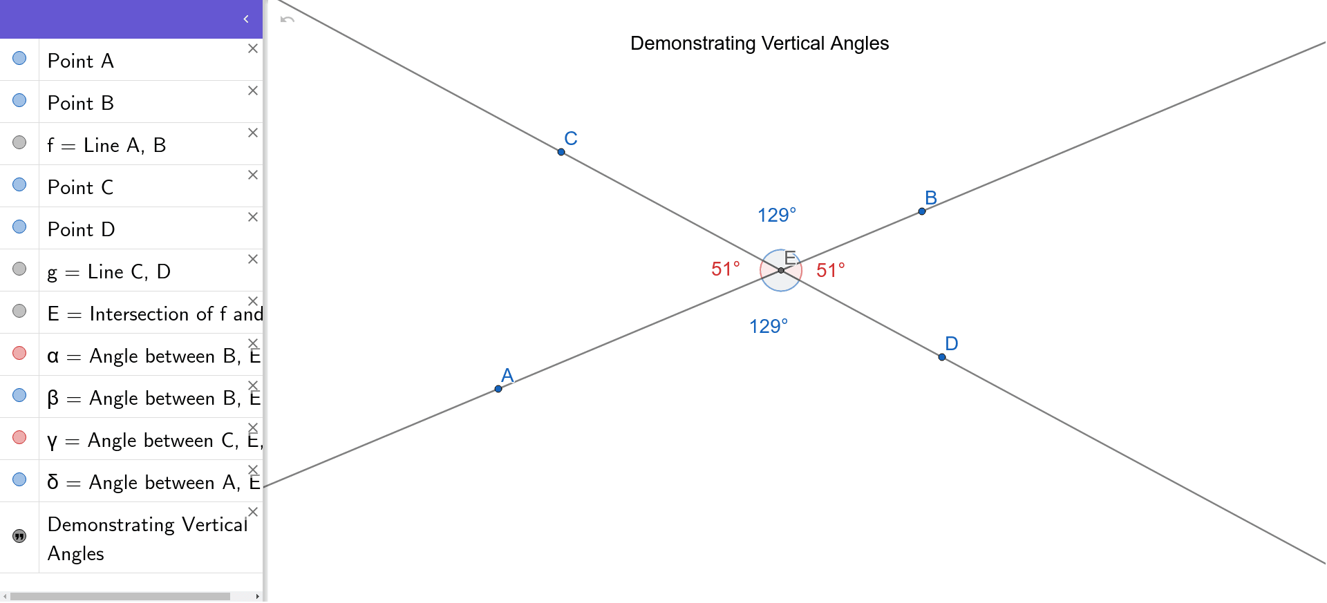 Demonstrating Vertical Angles Geogebra