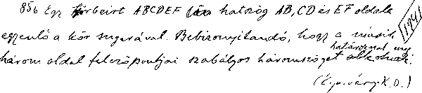 85/b    Egy körbeírt[i] ABCDEF[/i] hatszög [i]AB, CD[/i] és EF oldala egyenlő a kör sugarával. Bebizonyítandó, hogy a másik három oldal felezőpontjai szabályos háromszöget alkotnak. 
   ﻿   ﻿   ﻿   ﻿   ﻿   ﻿   ﻿(Egerváry K. D.)