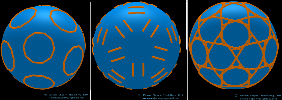 projections of segments of faces of  the Biscribed Pentakis Dodecahedron(7) -The Great Rhombicosidodecahedron  (n=120) on sphere surface: Segments 1-3