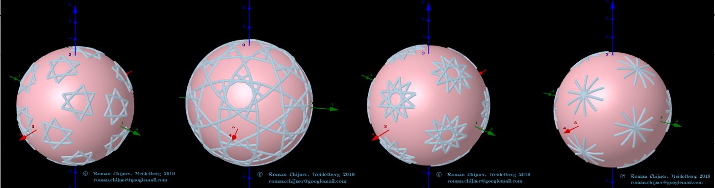 projections of segments of faces of  the Triakis icosahedron(7) -The Great Rhombicosidodecahedron  (n=120) on sphere surface: Segments 4-7