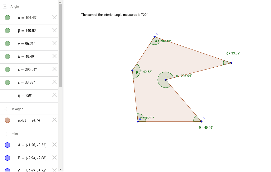 Sum of Interior Angle Measures of Hexagon GeoGebra