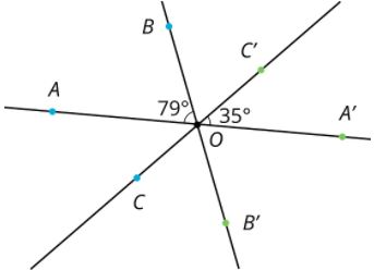 Points A', B', and C' are the images of 180-degree rotations of A, B, and C, respectively, around point O. 