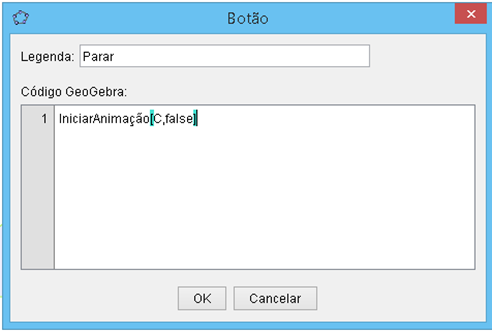 Como pausar uma animação utilizando um botão? Digita-se o comando IniciarAnimação[elemento,false] no código do botão.