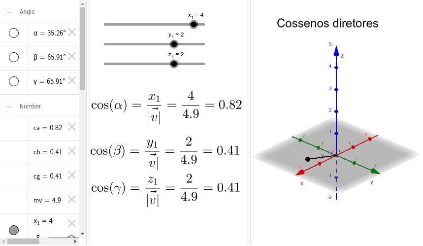 O que são cossenos diretores? Altere cada coordenada do vetor v = (x1, y1, z1), nos controles e observe o impacto na representação do vetor no sistema de eixos.