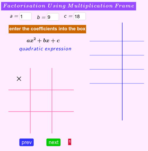 Multiplication Frame, Algebraic Factorisation. GeoGebra