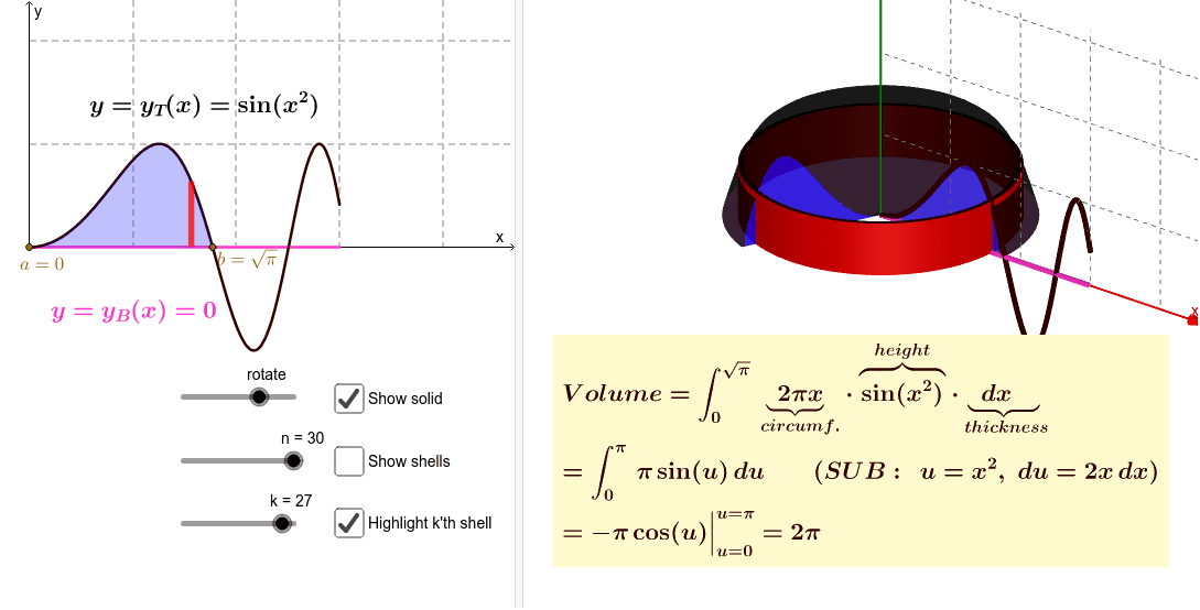 Volume by cylindrical shells example sin(x^2) GeoGebra