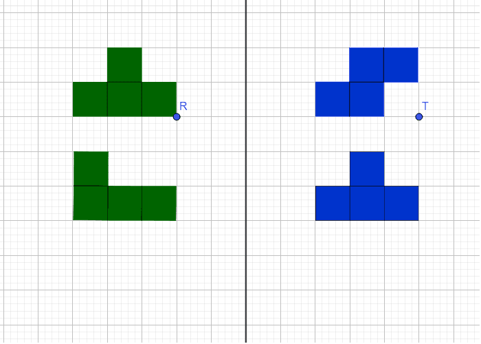 Mueve y rota las figuras geométricas de tal forma que las verdes formen una figura geométrica idéntica que las azules (Dificultad 3) Presiona Intro para comenzar la actividad