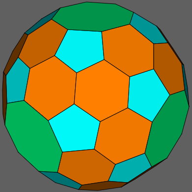[size=85][url=http://dmccooey.com/polyhedra/CanonicalTruncatedLsnubCube.html]Canonical Truncated Snub Cube (laevo)[/url]
[table][tr][td]Vertices:  [/td][td]120  (24[4] + 24[4] + 24[4] + 24[4] + 24[4])[/td][/tr][tr][td]Faces:[/td][td]62  (6 regular octagons + 8 regular hexagons
    + 24 irregular hexagons + 24 irregular pentagons)[/td][/tr][tr][td]Edges:[/td][td]180  (6 different lengths)[/td][/tr][/table][/size]