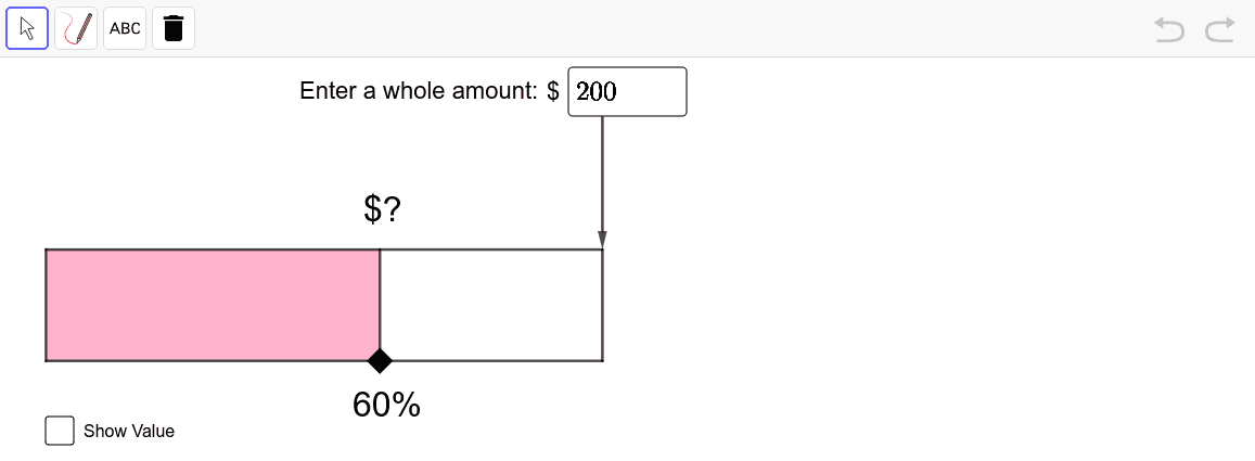 Move the LARGE POINT anywhere you'd like. Enter a whole amount.  Can you estimate the value of "?" Press Enter to start activity
