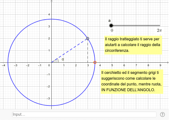 CREA UN PUNTO CHE PARTA DAL CERCHIETTO ARANCIO E SI MUOVA LUNGO LA CIRCONFERENZA BLU USANDO IL PARAMETRO a, POI ATTIVA L'ANIMAZIONE.