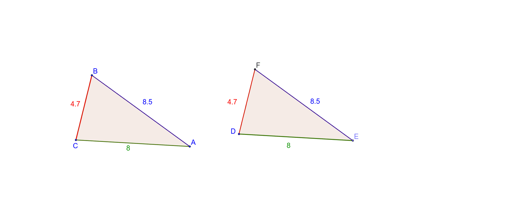 Drag any point on triangle ABC to resize the triangle. Study what happens to triangle EFD when you resize triangle ABC. Also try to coincide (put one triangle on top of the other) and see if they match up. Press Enter to start activity