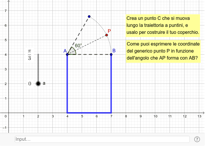 CREA UN SEGMENTO-COPERCHIO CHE AL VARIARE DI a SI APRA COME INDICATO; MUOVI L'INTERRUTTORE PER VERIFICARNE IL FUNZIONAMENTO.