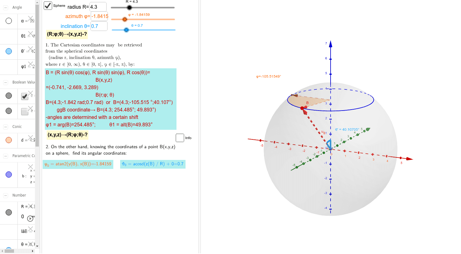 Visualizing plotting points on a sphere: (R;φ;θ)→(x,y,z) and (x,y,z)→(R ...