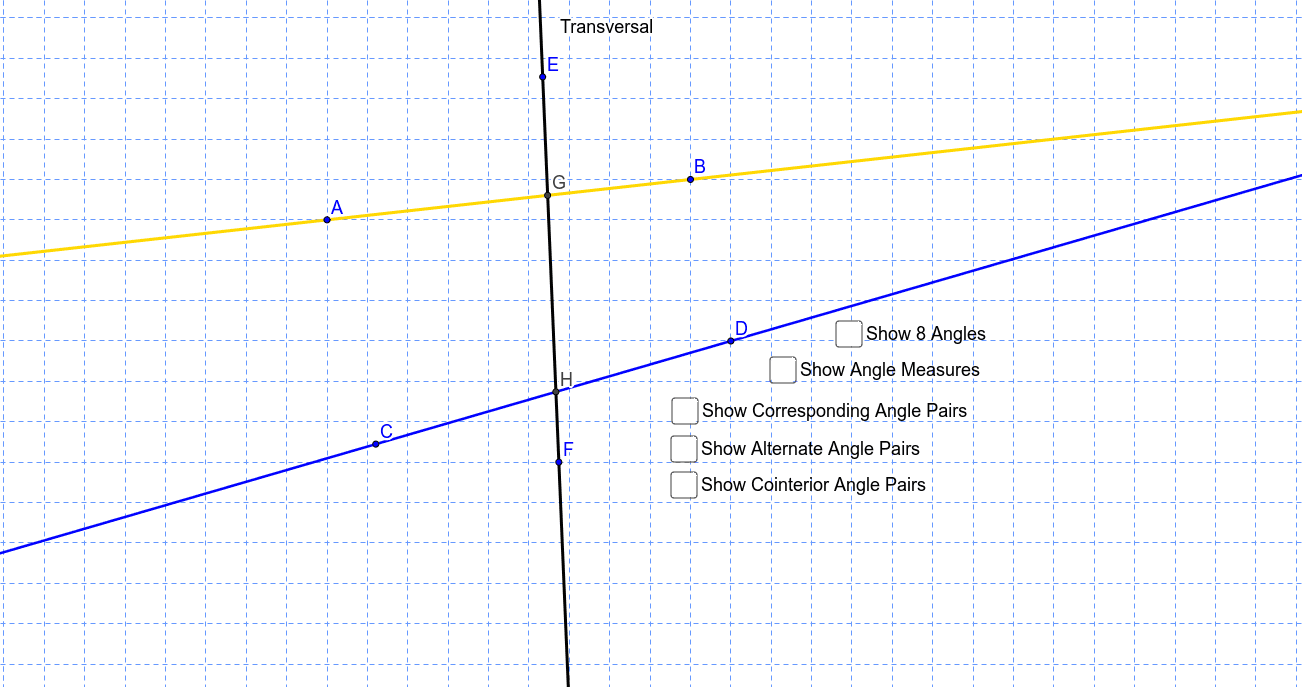 Exploring Parallel Lines cut by a Transversal GeoGebra