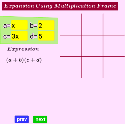 Expansion Using Multiplication Frame, Algebra. GeoGebra