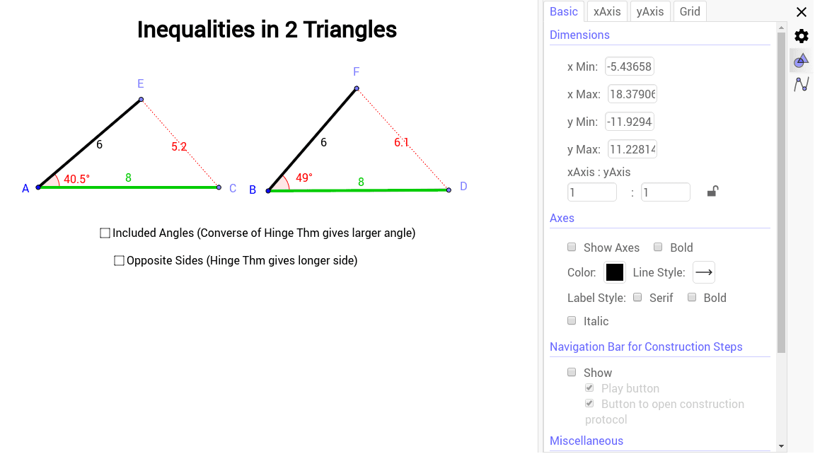 Inequalities in Two Triangles-Hinge Theorem – GeoGebra
