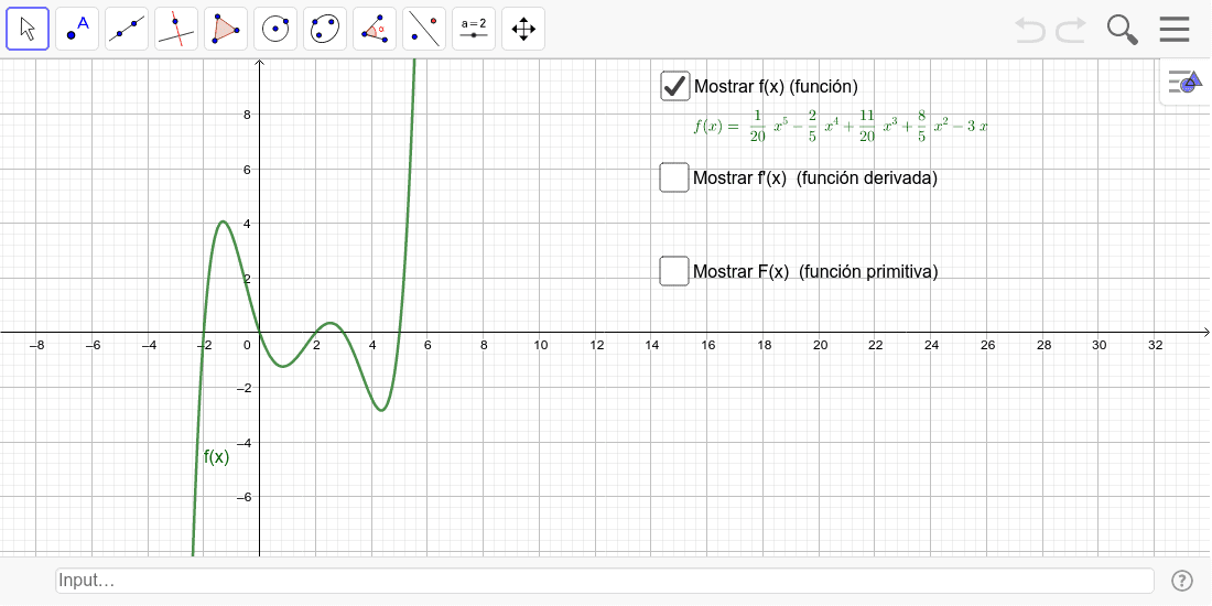 Utiliza este ejemplo para imprimir y ensayar el esbozo gráfico de la derivada y primitiva de este polinomio. También puedes copiarte el manipulativo para hacer cálculos por tu cuenta en el mismo GeoGebra.