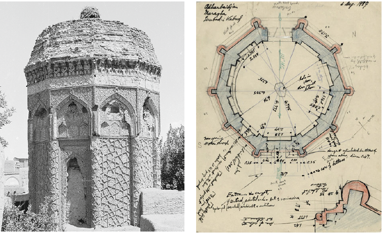 Picture of the Gunbad-e Kabud by M.B. Smith taken the 4th of august 1937.
Plan of the Gunbad-e Kabud drawn by M.B. Smith dated the 6th of august 1937.