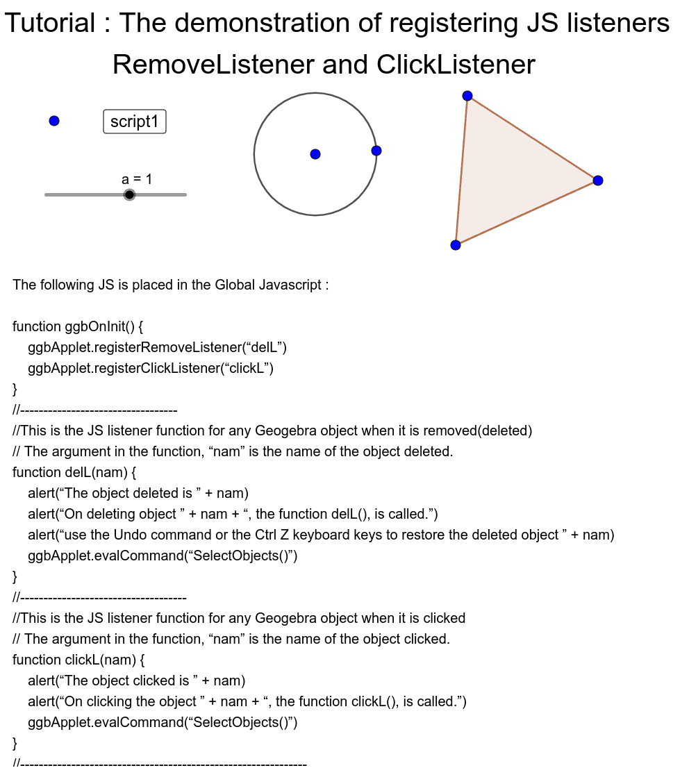Tutorial Using GeoGebra_Apps_API's Javascript Listeners RemoveListener and ClickListener